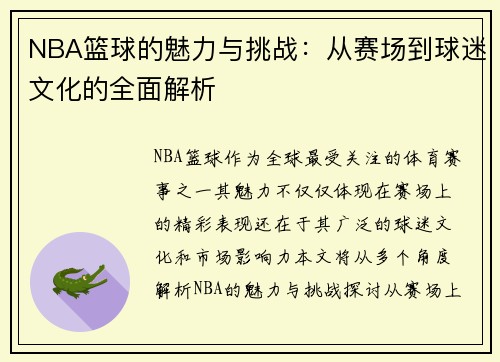 NBA篮球的魅力与挑战：从赛场到球迷文化的全面解析