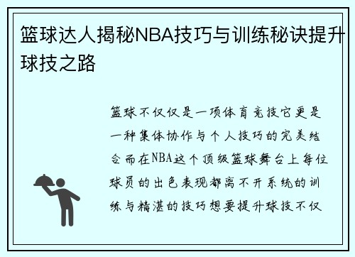 篮球达人揭秘NBA技巧与训练秘诀提升球技之路