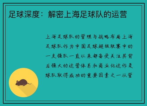 足球深度：解密上海足球队的运营