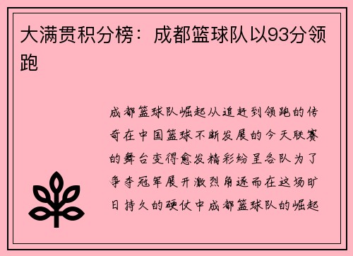 大满贯积分榜：成都篮球队以93分领跑