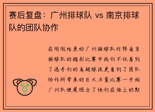 赛后复盘：广州排球队 vs 南京排球队的团队协作